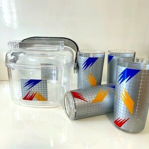 Vintage Cameleon lucite MCM clear acrylic Ice bucket with 4 tall water glasses